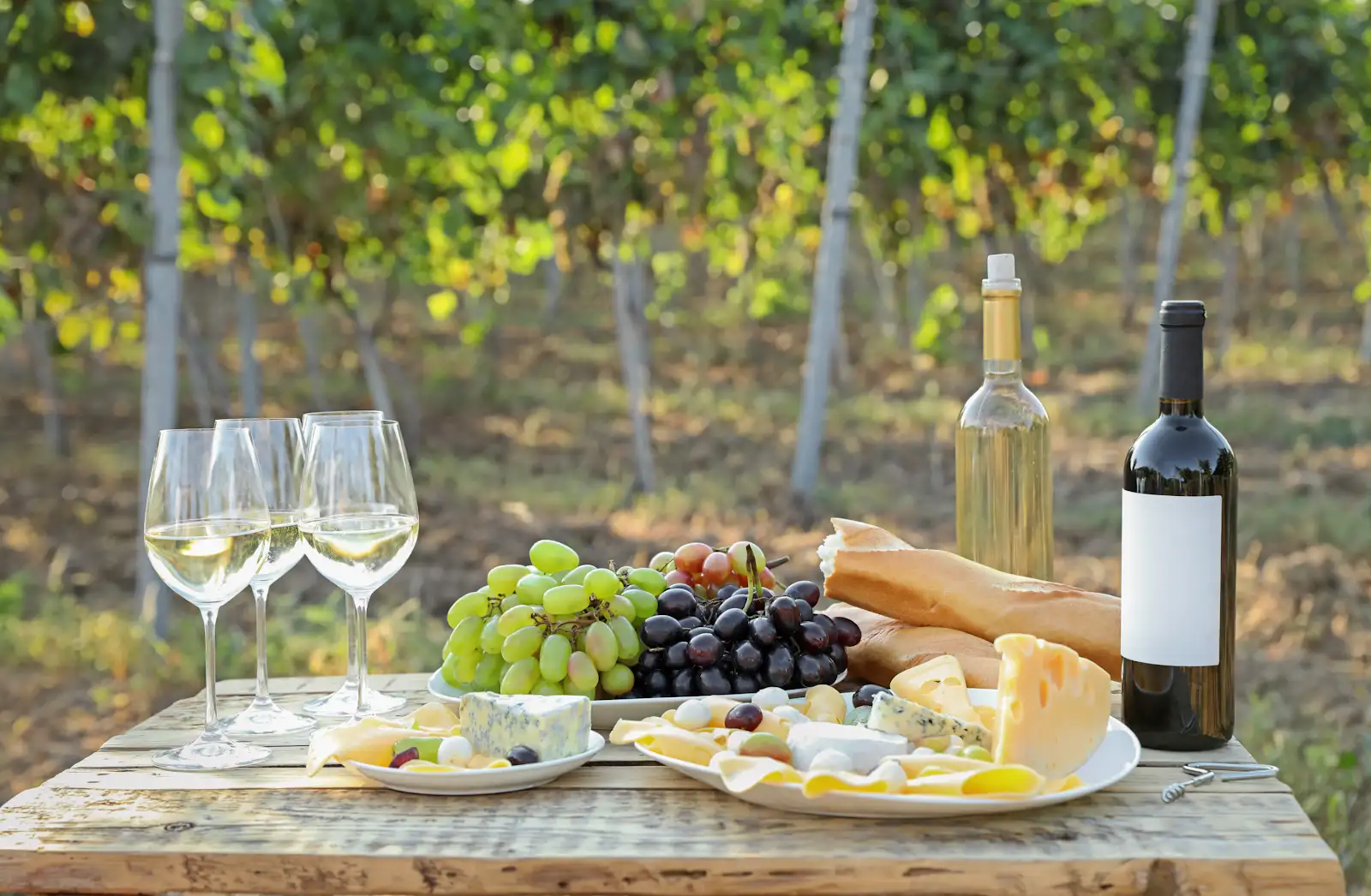 Wine, a cheese board, grapes and fresh baguette set out on a rustic table
