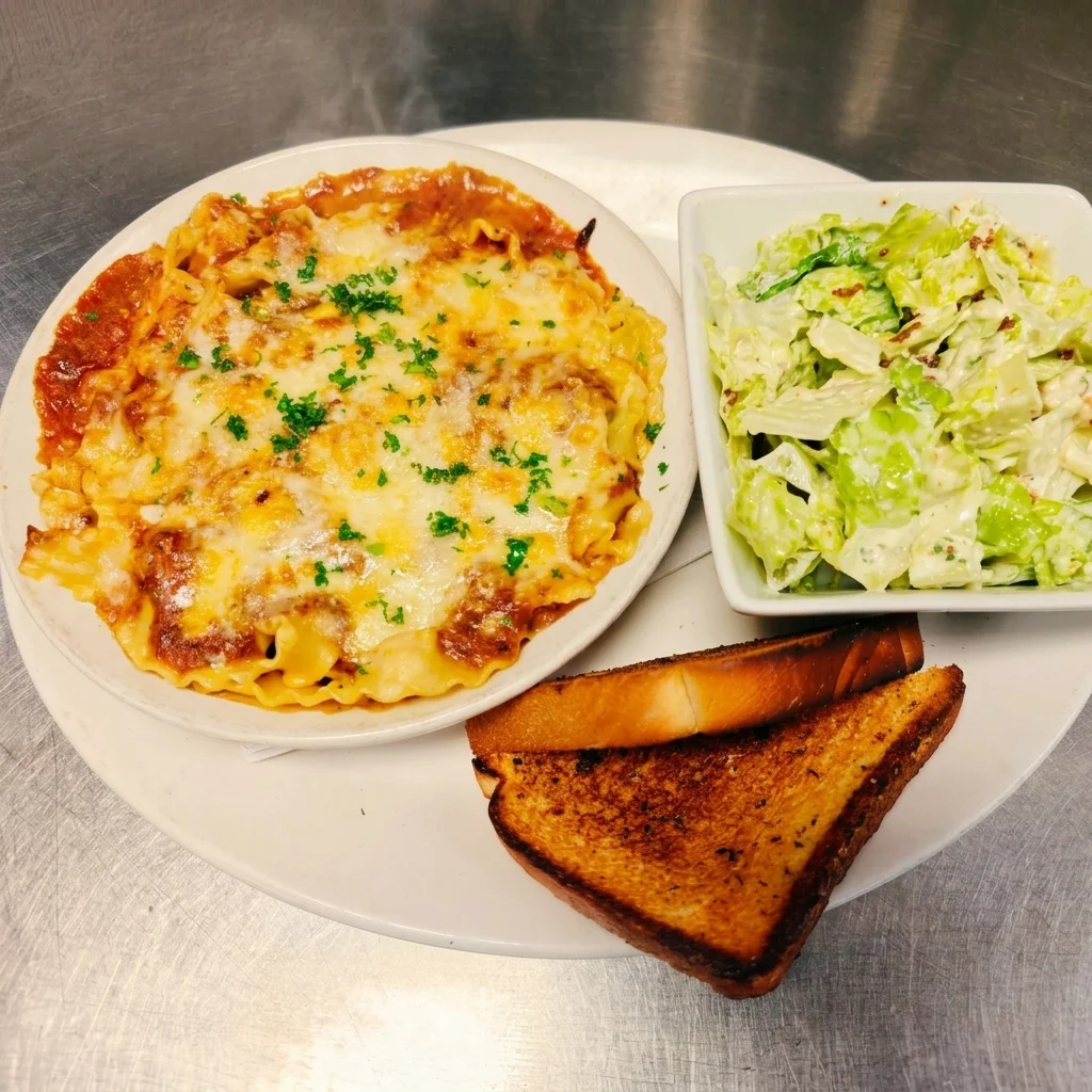 Baked lasagna layered with homemade meat sauce and melted mozzarella at Cheryl's Country Kitchen in Airdrie, AB
