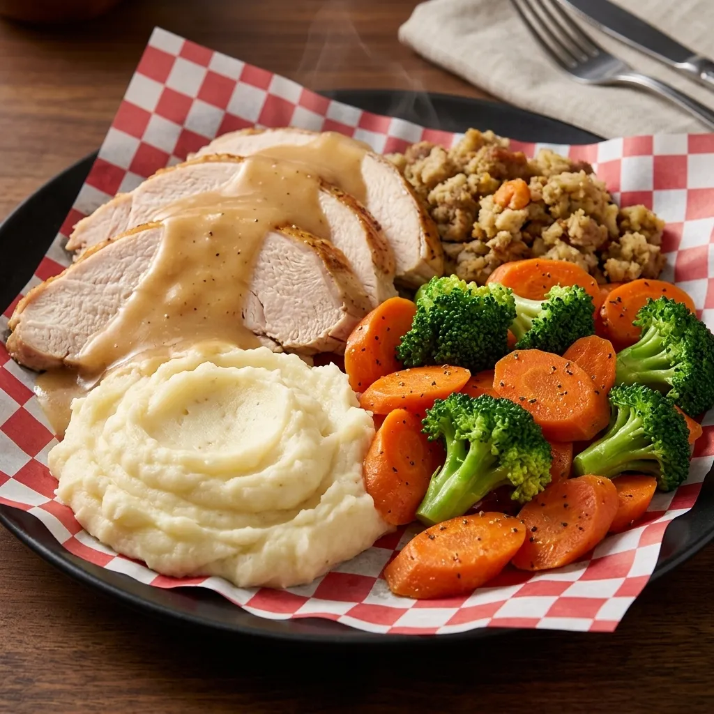 Turkey dinner with gravy, stuffing, mashed potatoes and vegetables at Cheryl's Country Kitchen in Airdrie, AB